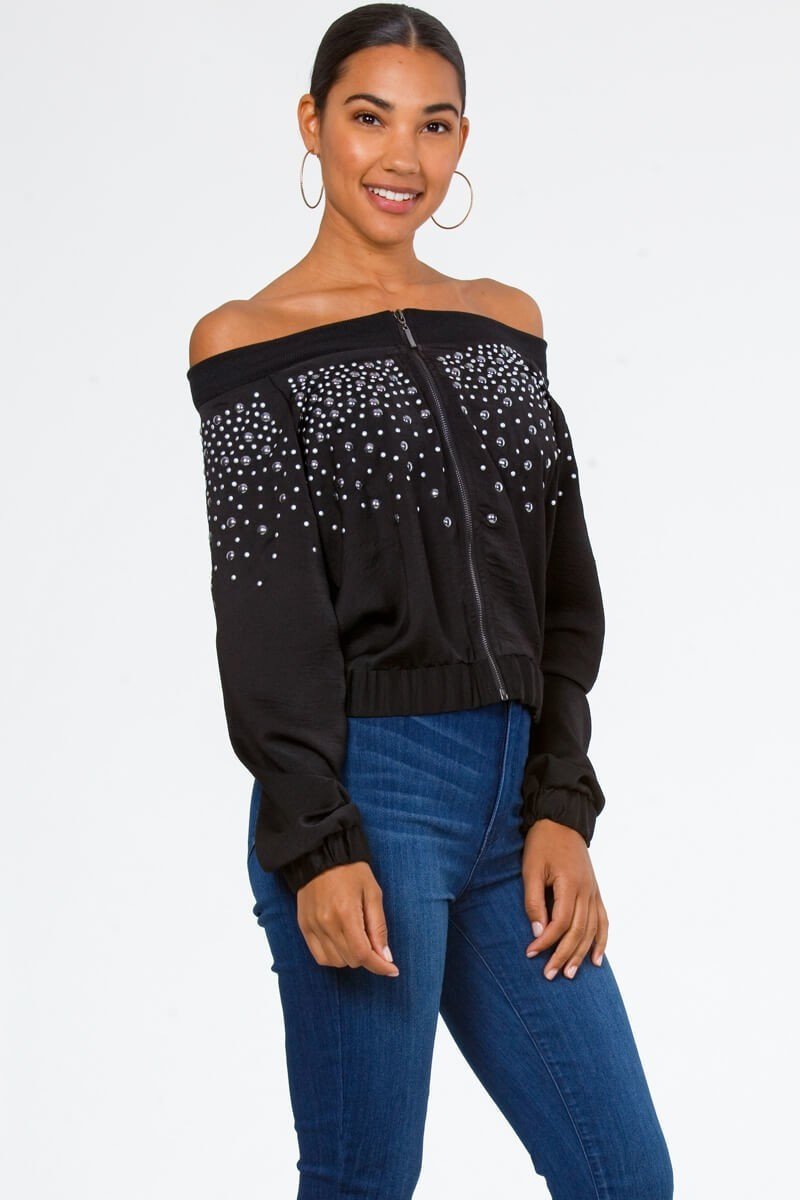Faux Silk Studded Bomber Jacket