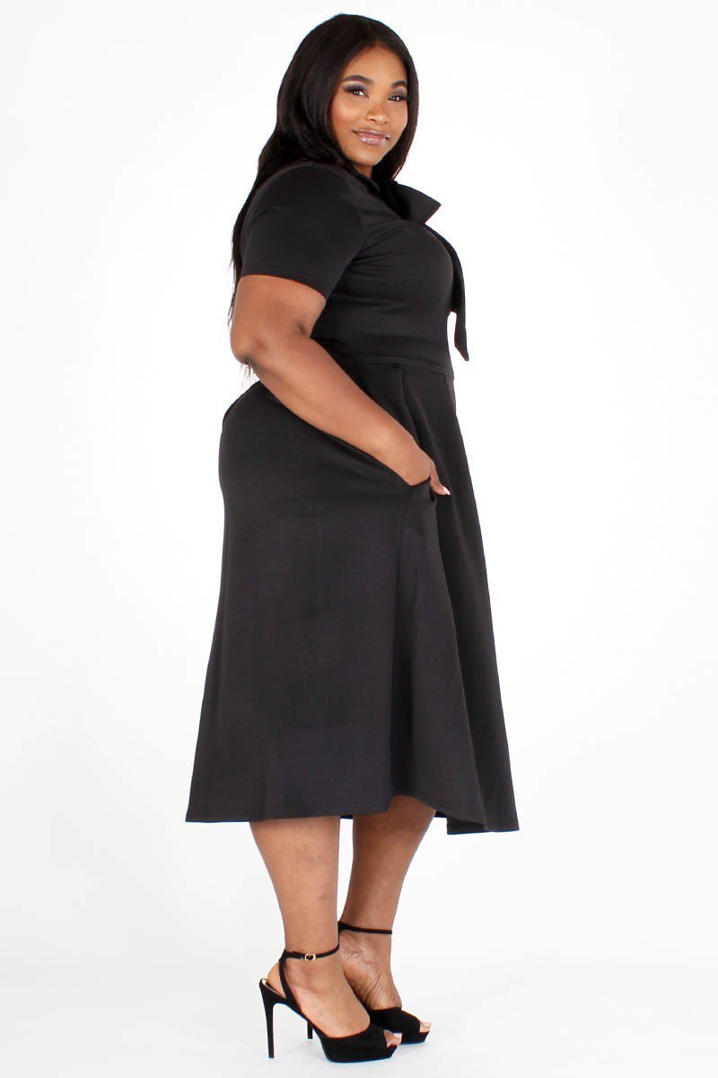 Modest Plus Size Bow Tie DressModest Plus Size Bow Tie Dress, black tie around the neck side, side pockets- Your Style Clothing