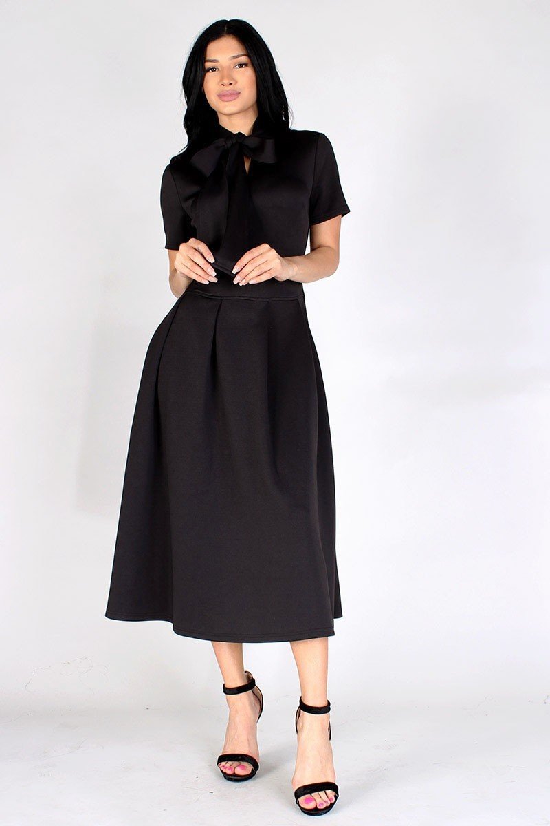 Modest Plus Size Bow Tie DressModest Plus Size Bow Tie Dress, black tie around the neck side, side pockets- Your Style Clothing